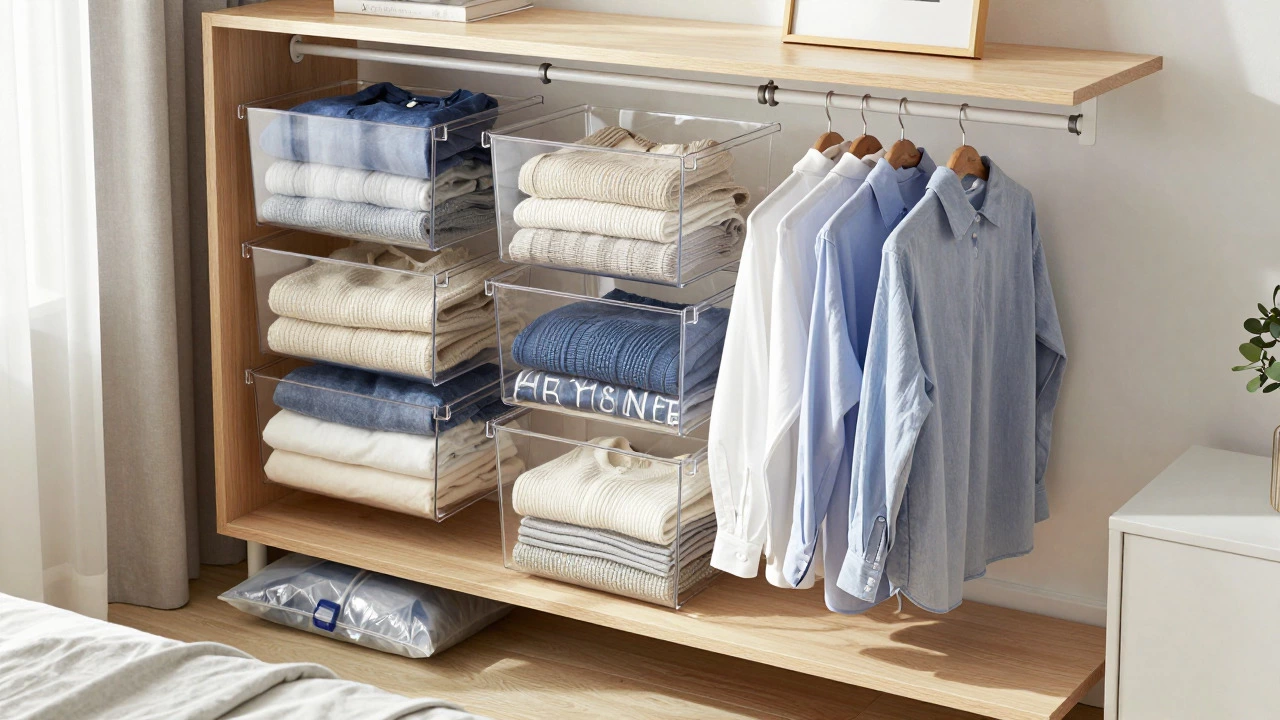 Organized modular closet system with neat bins and double hanging rods