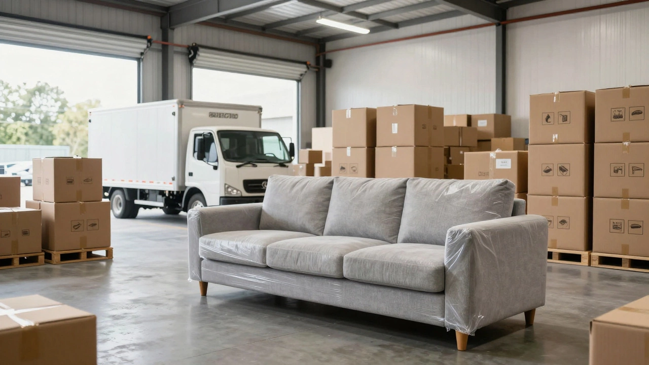 Warehouse scene with wrapped sofa and delivery truck, showing logistics
