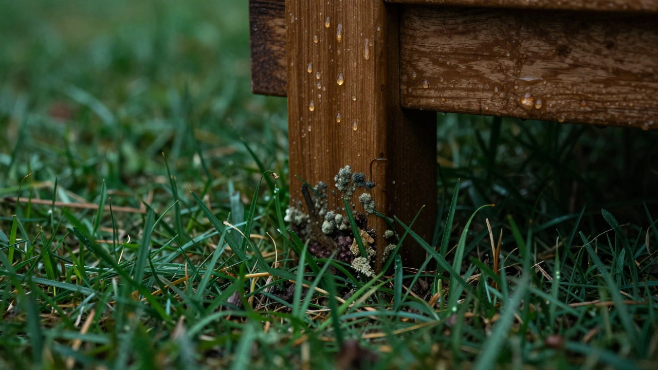 Wet grass and wood furniture leg showing trapped moisture and mold risk
