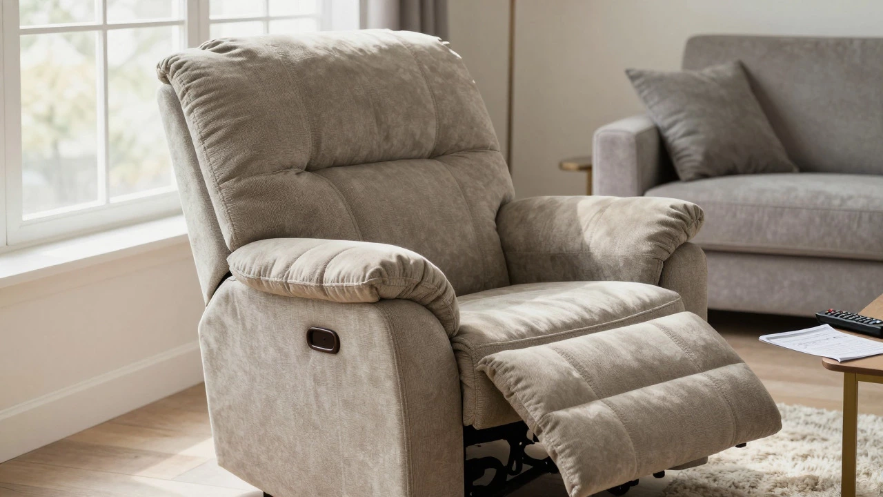 A well-maintained recliner in a modern living room next to a maintenance manual