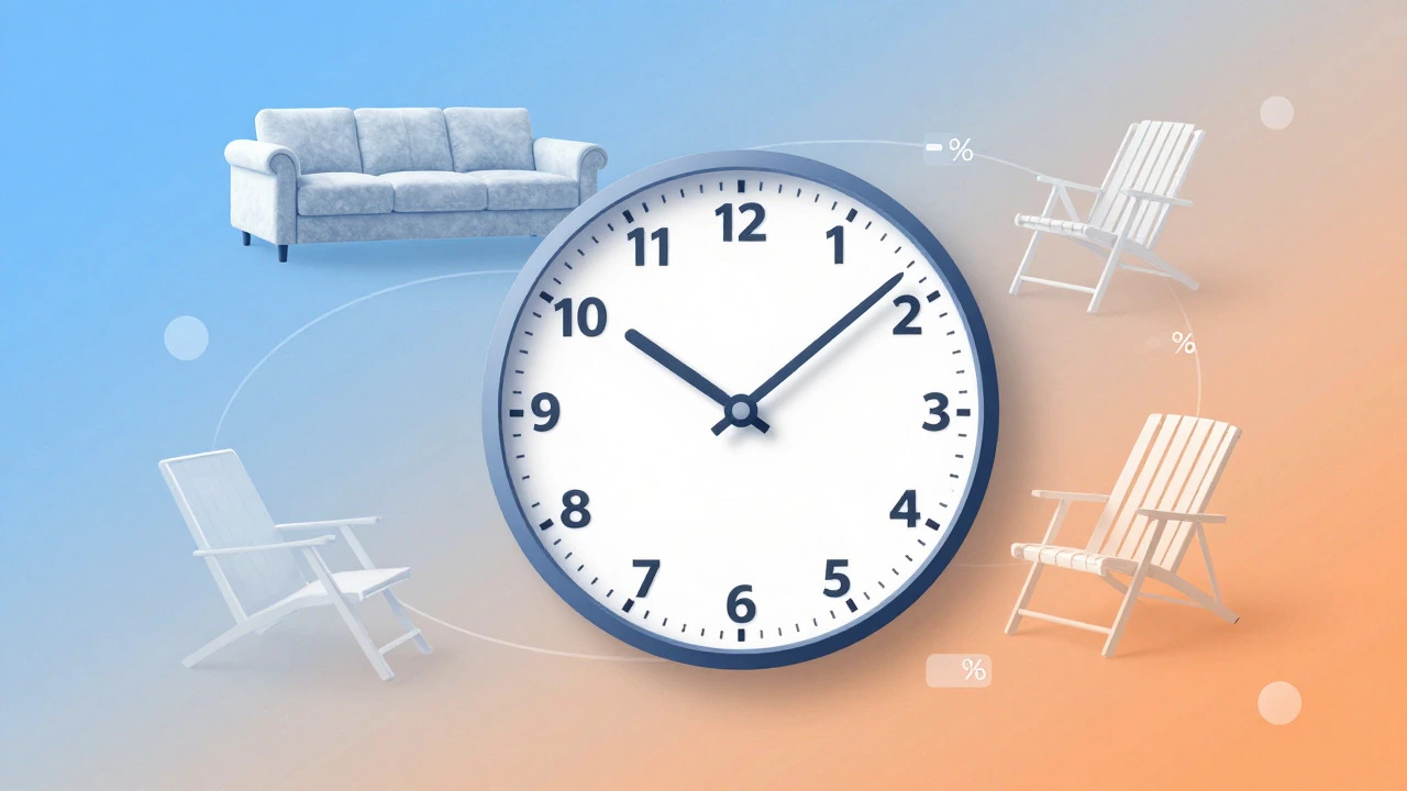 Abstract illustration of a clock with seasonal furniture imagery