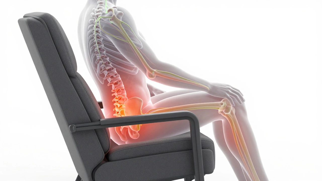 Anatomical diagram of sciatic nerve irritation caused by poor lumbar support in a chair.