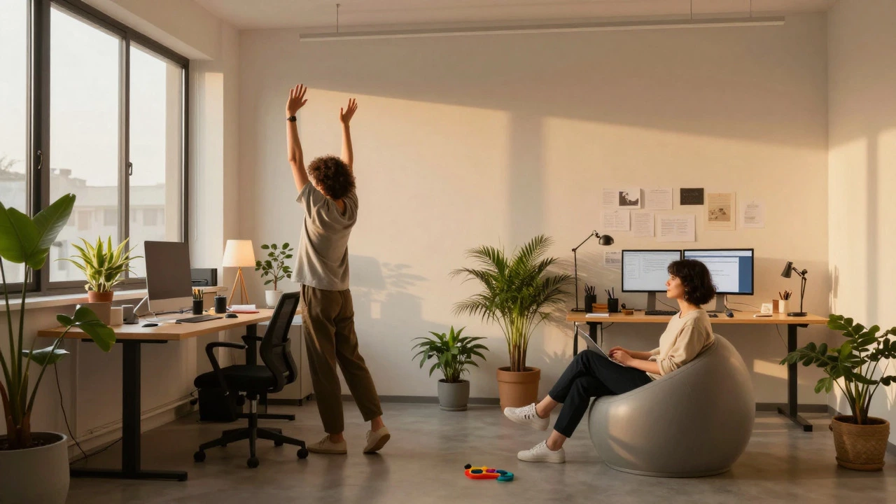 Calming workspace with standing desk and ball chair