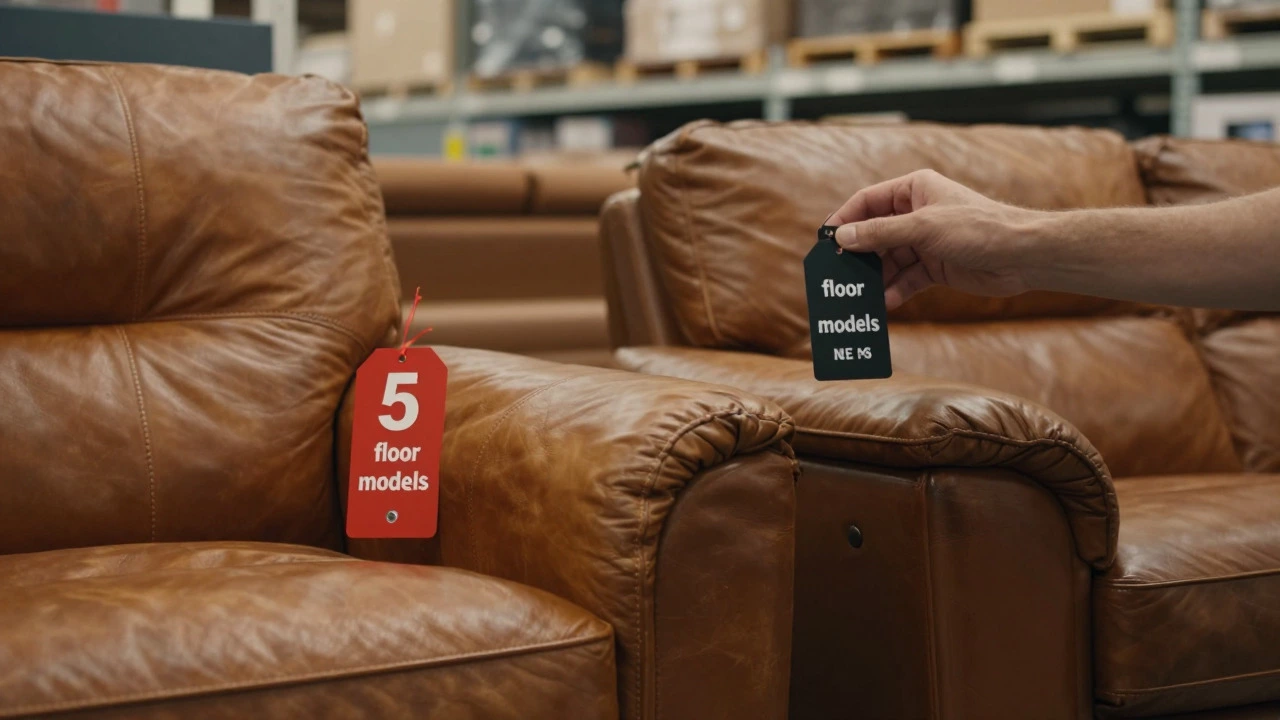 Close-up of hands comparing price tags on two leather sofas