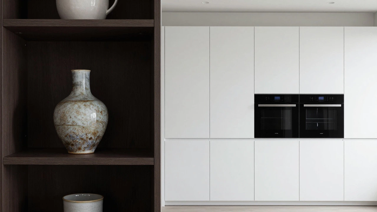Contrast between a single displayed vase on open shelf and sleek closed cabinets.