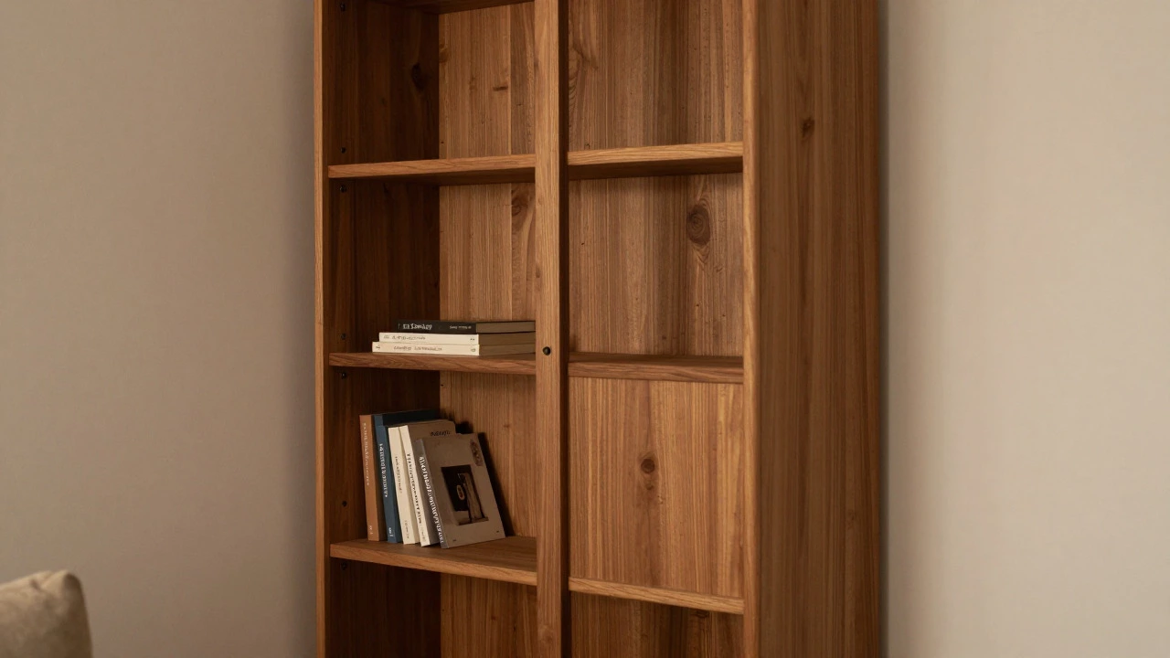 Cozy living room with closed wooden bookcase for a calm, clutter-free look.