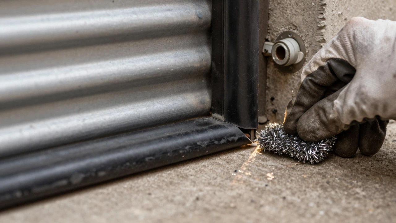 Hand inspecting rubber door seal and steel wool in wall crack