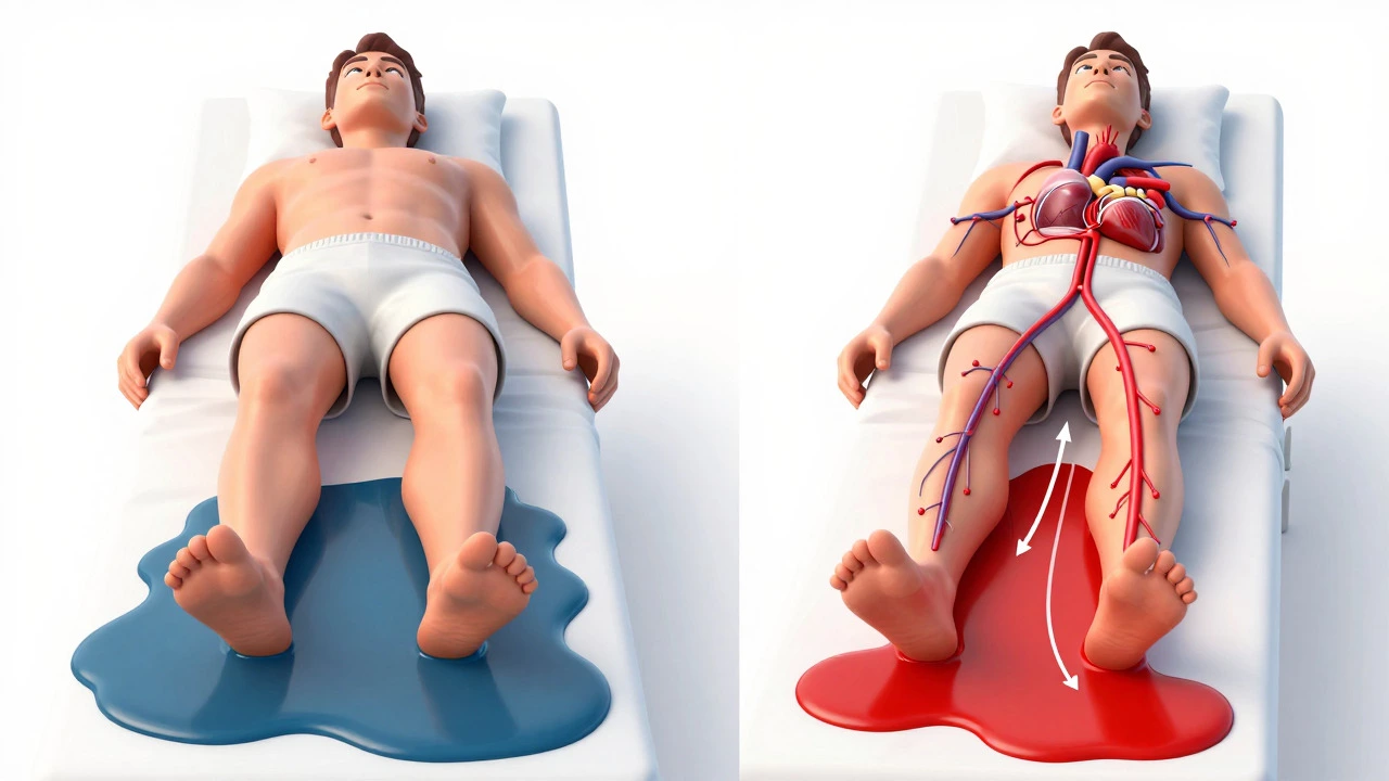Medical diagram comparing blood flow in flat vs reclined positions
