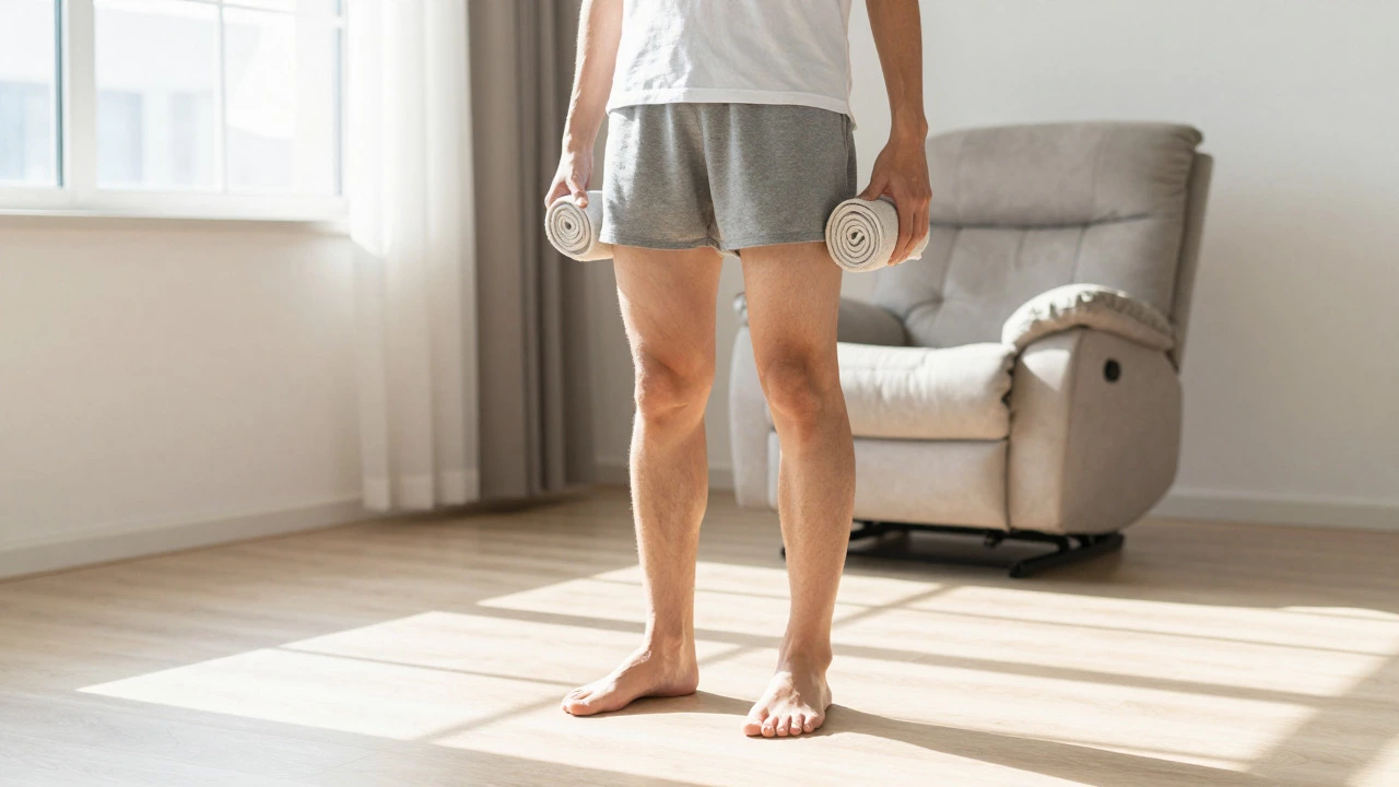 Person standing and stretching after sitting in a recliner to relieve leg ache.