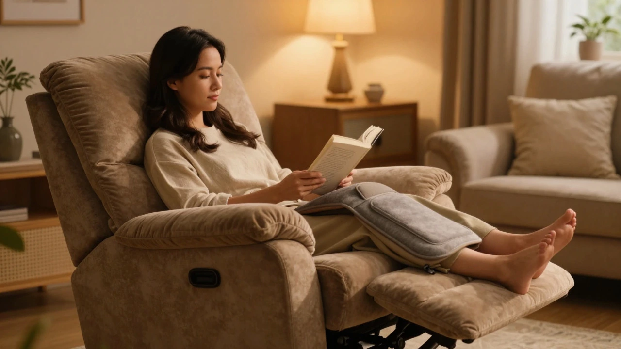 Relaxed person sitting in a recliner with legs elevated for comfort