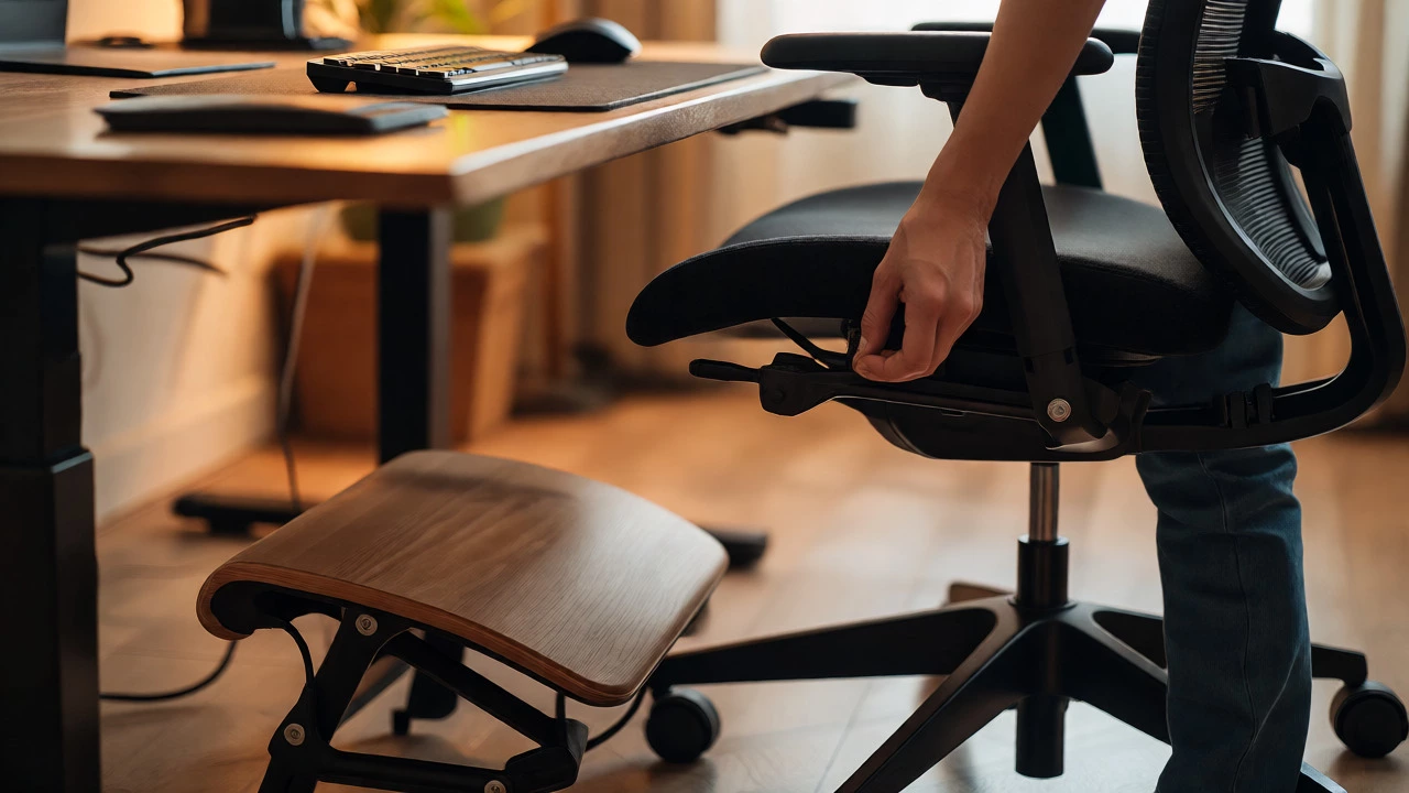 Adjusting office chair height with footrest nearby