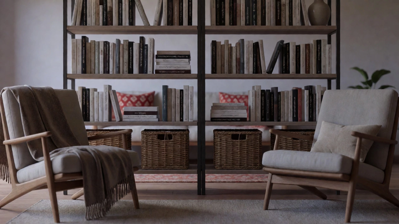 Bookcase used as a room divider with chairs placed on both sides