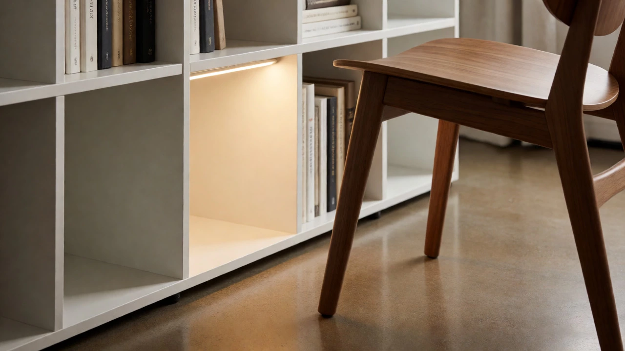 Close-up showing proper clearance gap between a chair and a lit bookshelf