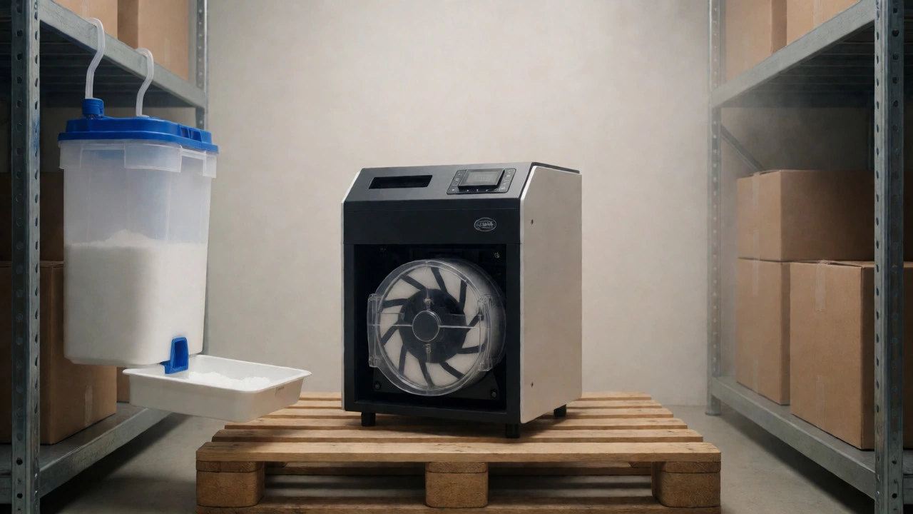 Compact desiccant dehumidifier and calcium chloride tub working in a storage unit.