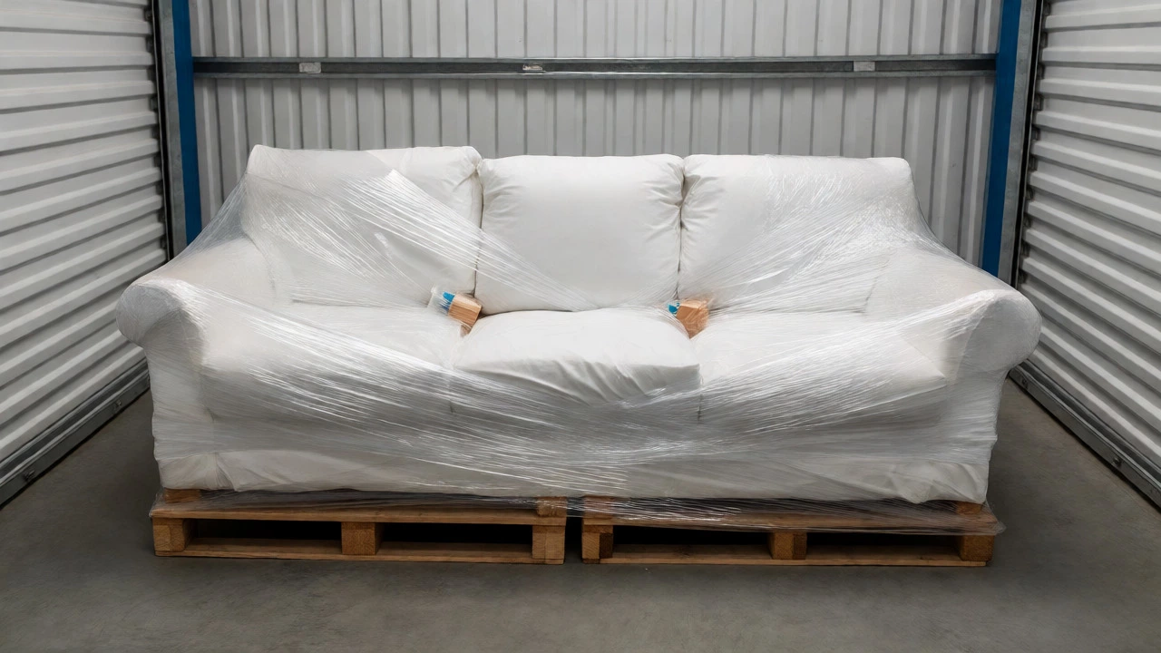 Couch wrapped in plastic and sheets on pallets in storage unit