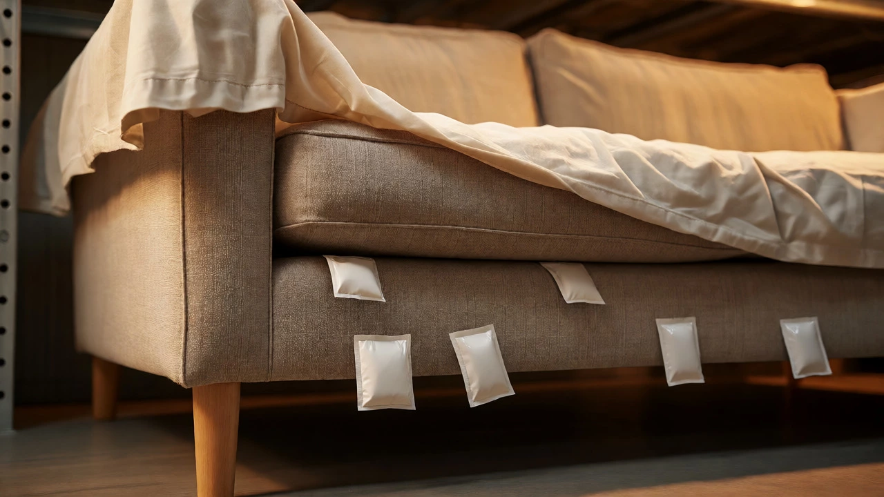 Covered sofa with silica gel packets in storage