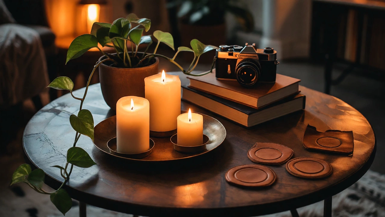 Cozy round table with candles, books, and trailing plant