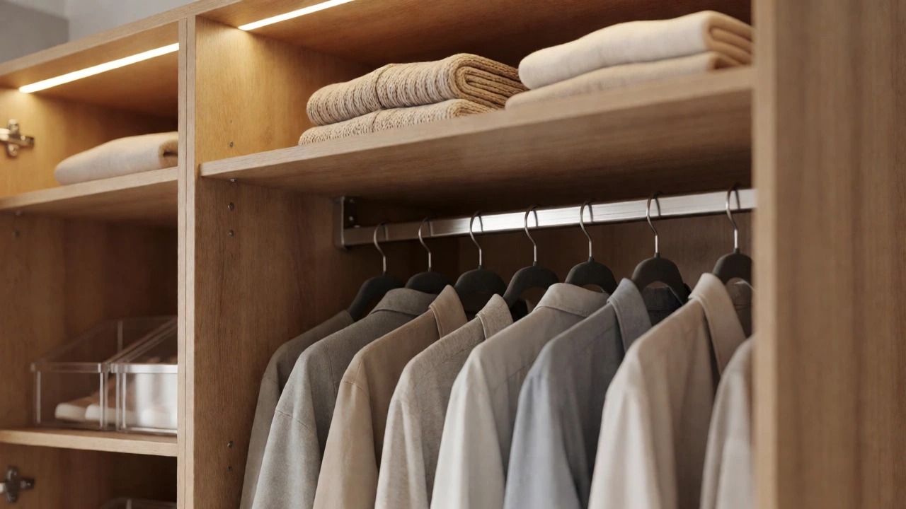 Interior view of a wardrobe showing hanging rails, shelves, and organized shoes.