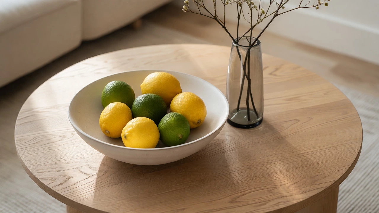 Minimalist round table with fruit bowl and dried branch vase