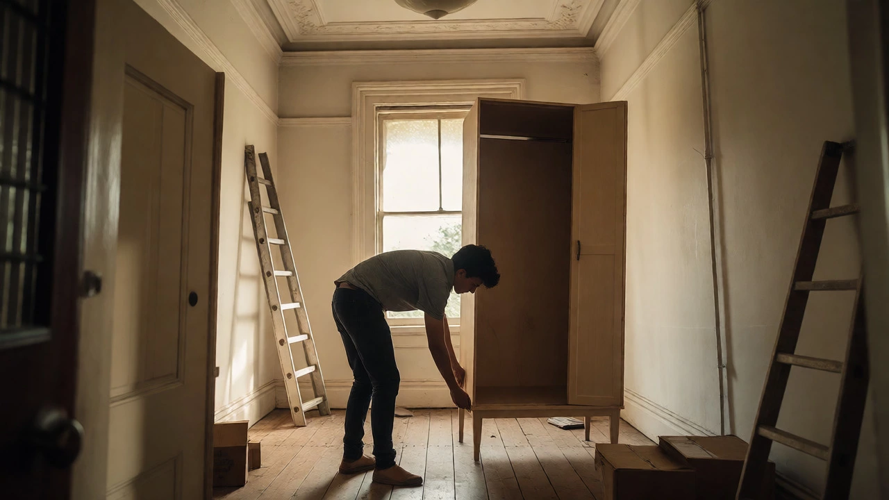 Person assembling a freestanding wardrobe in a heritage style bedroom