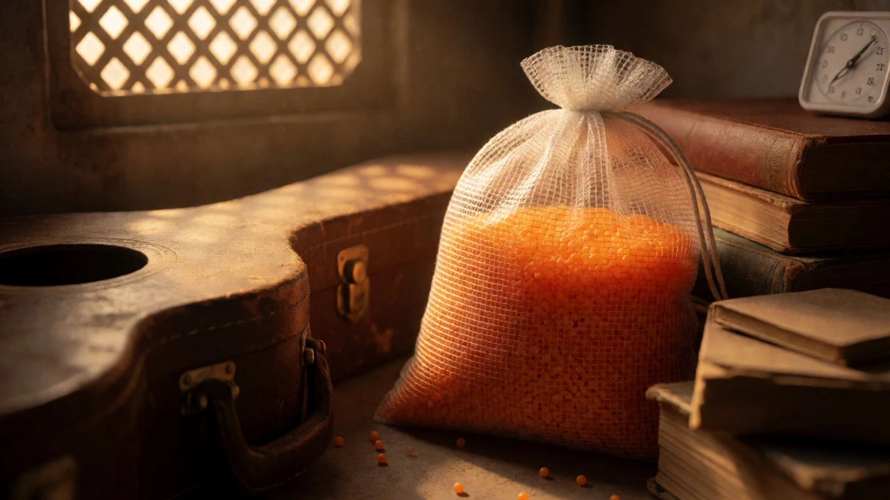 Silica gel mesh bags protecting a guitar case and books in a storage unit.