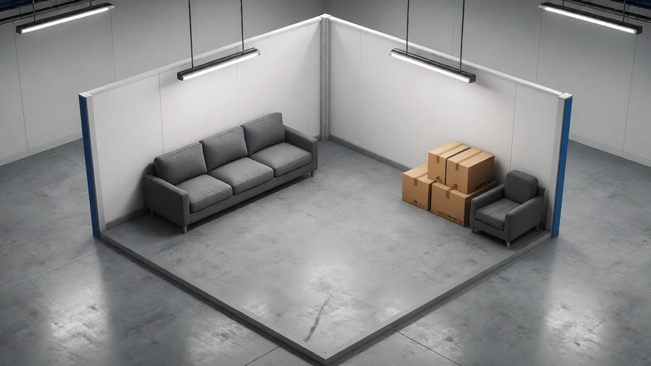 Sofa arranged efficiently in a 10x10 storage unit
