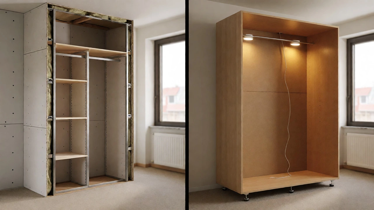 Structural diagram contrasting built-in closet construction with freestanding furniture