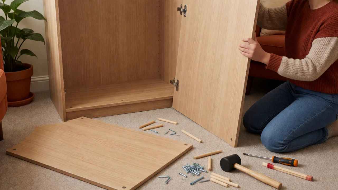 Two people assembling a flat-pack wardrobe with tools and panels on the floor.