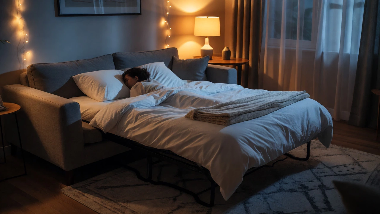 A person sleeping comfortably on a fully converted sofa sleeper with bedding in a dimly lit room.