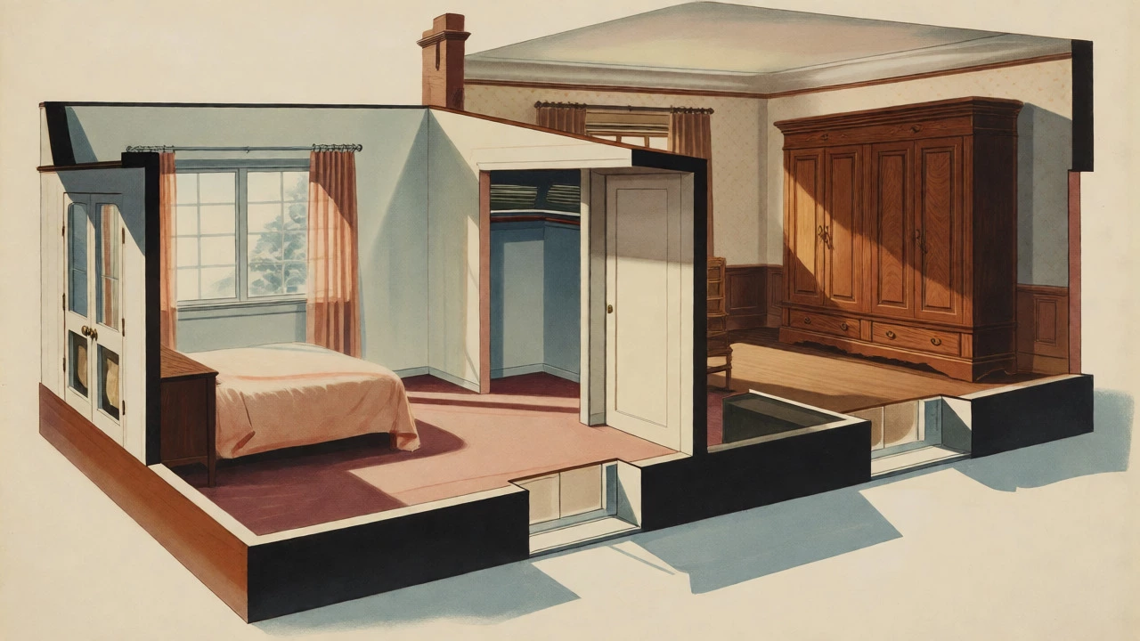 Architectural diagram comparing traditional wardrobes with built-in American closets