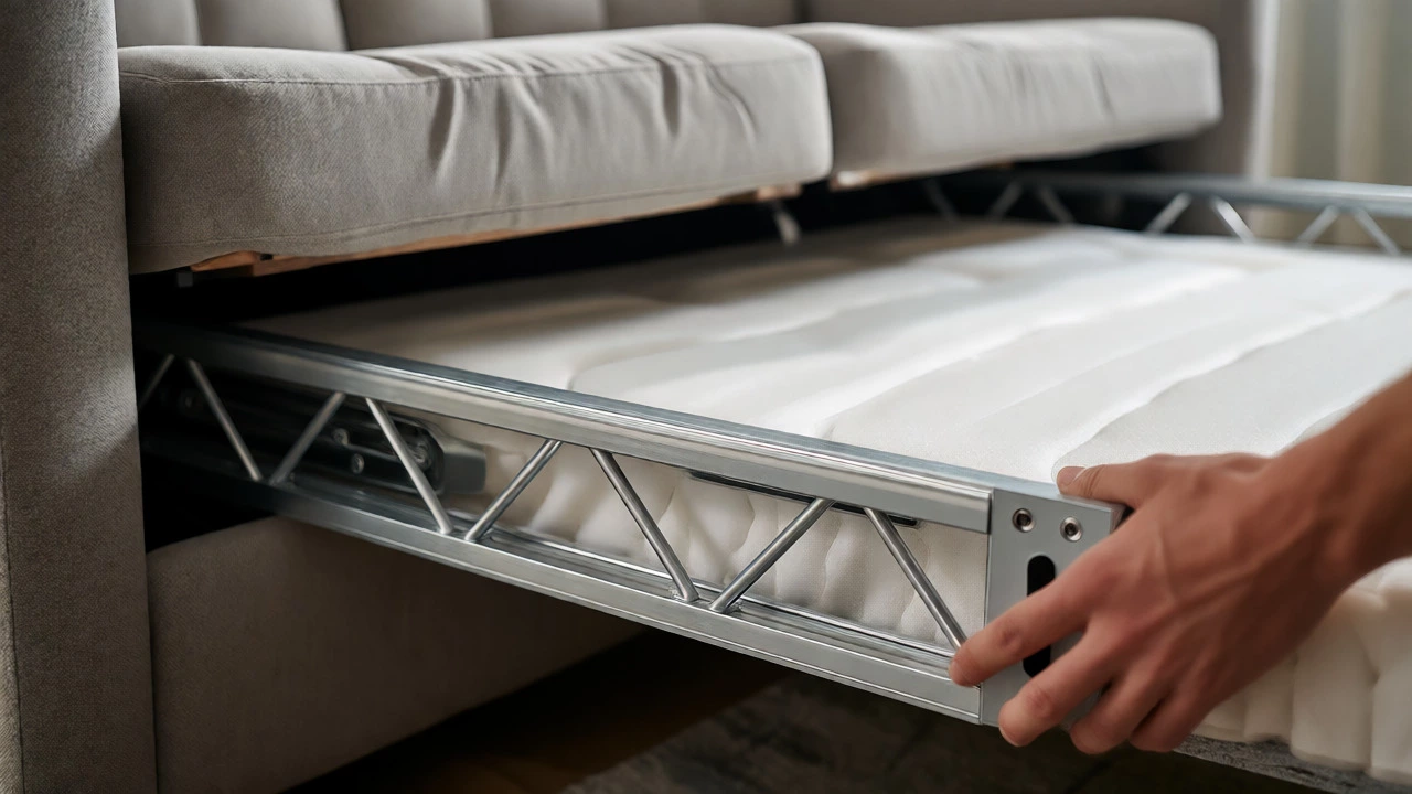 Close-up of a hand pulling out the metal truss and mattress mechanism of a sofa sleeper.