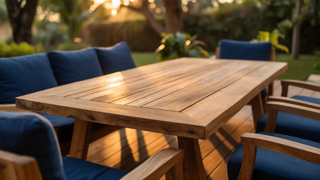 Family dining on weathered silver-gray teak wood furniture in a garden.