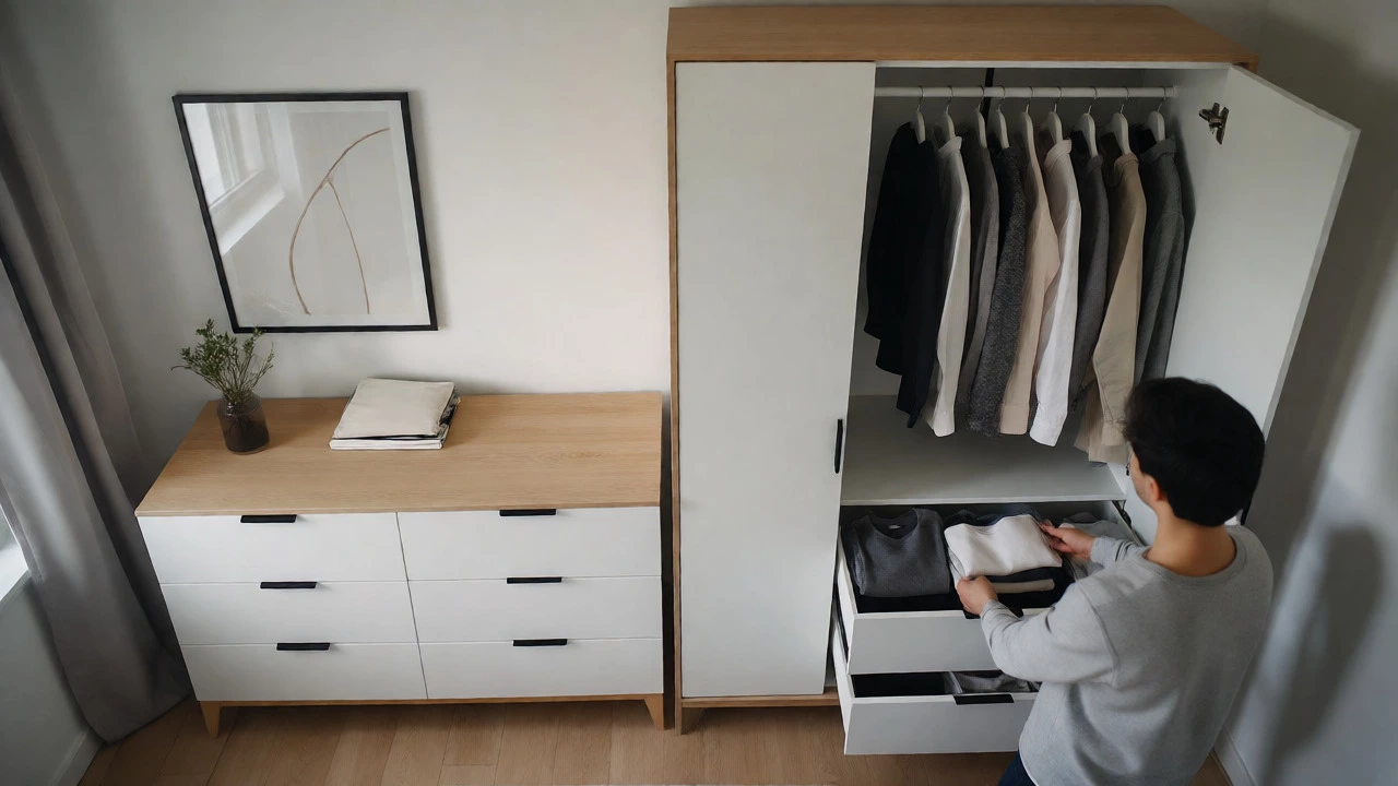 Modern bedroom featuring a freestanding wardrobe and a dresser for folded clothes