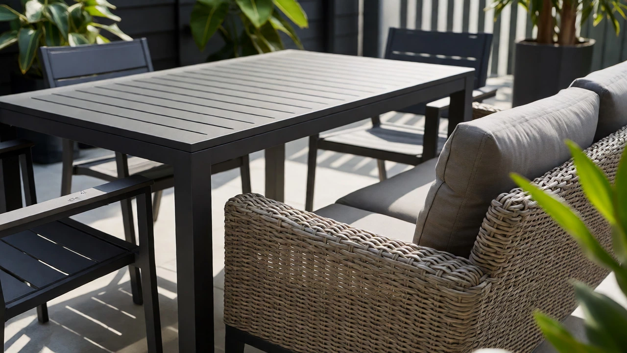 Modern powder-coated aluminum and HDPE wicker furniture on a sunny patio.