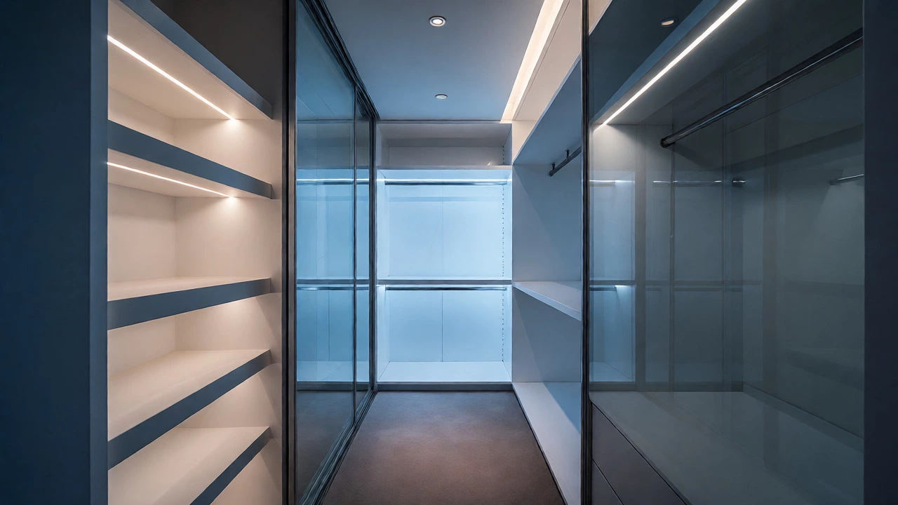 Modern walk-in closet with built-in shelving and sliding glass doors