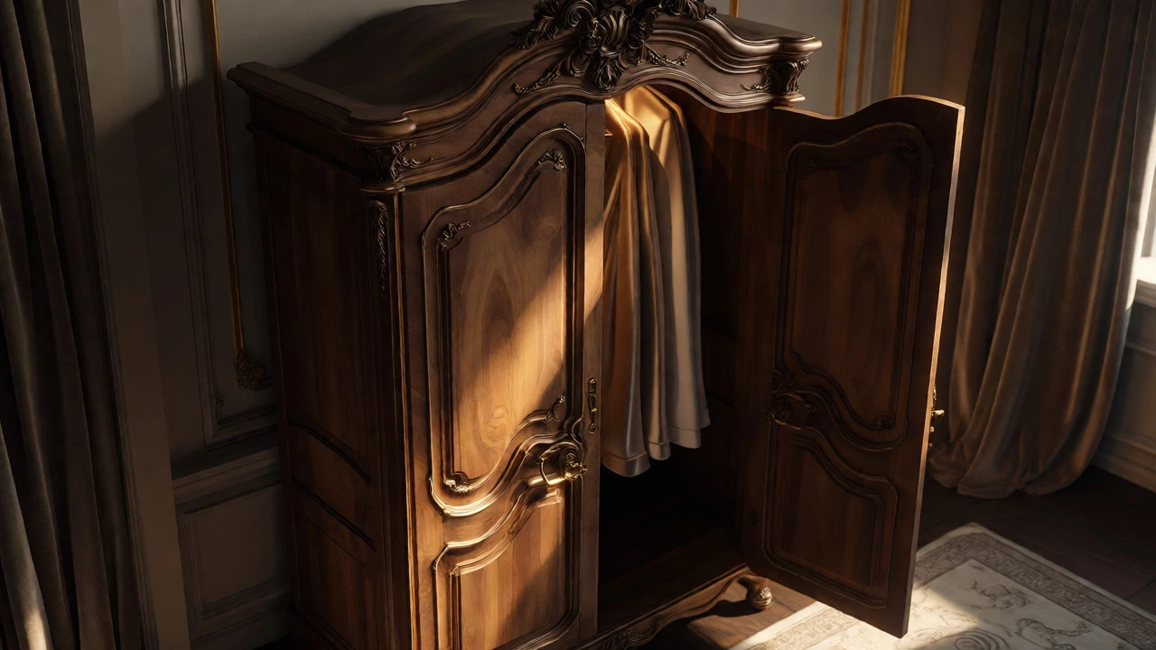 Ornate vintage walnut armoire with brass details in an elegant room